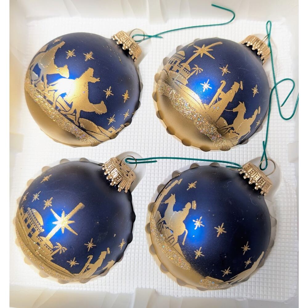 Vtg Christmas By Krebs Glass Ornaments 4 PACK NATIVITY SCENE Blue Gold Crowns